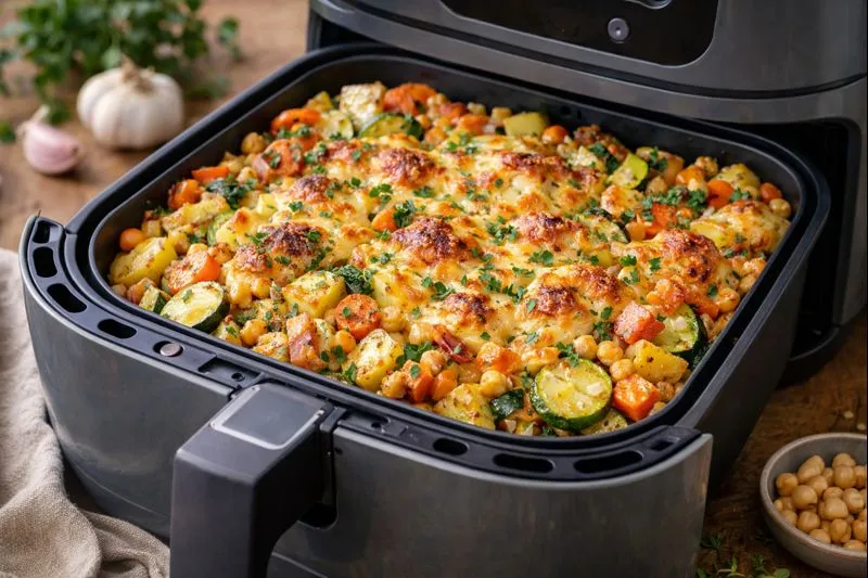 Cuire un plat de légumes familial dans un airfryer grande capacité, illustrant les limites de volume pour remplacer un four