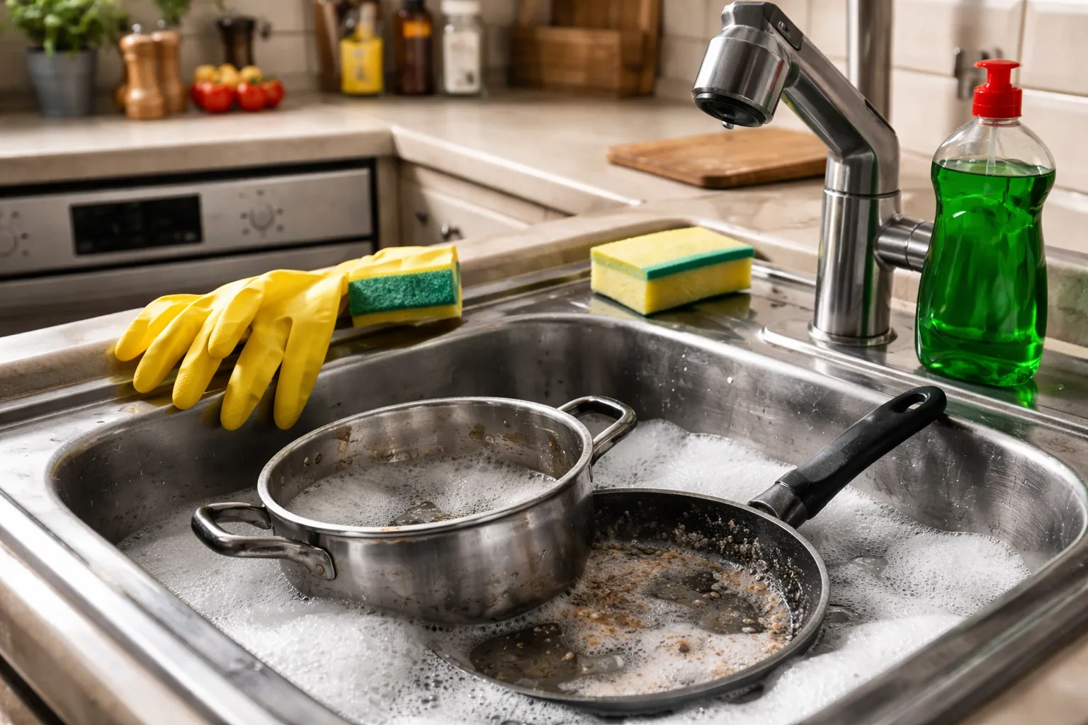 vaisselle à la main dans un évier rempli d'eau chaude pour ne pas utiliser le lave-vaisselle