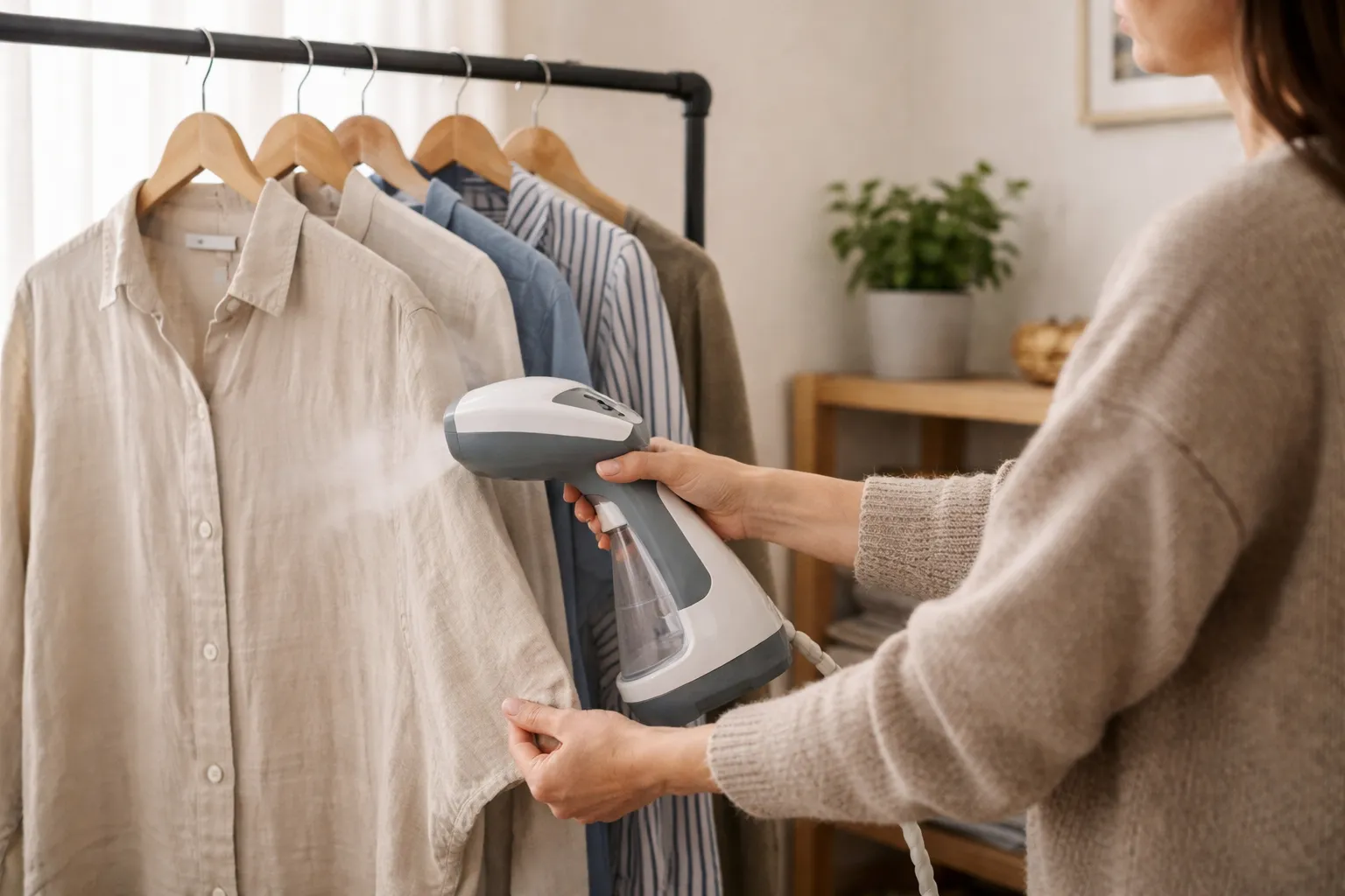 Femme repassant une chemise beige avec un défroisseur vapeur à main