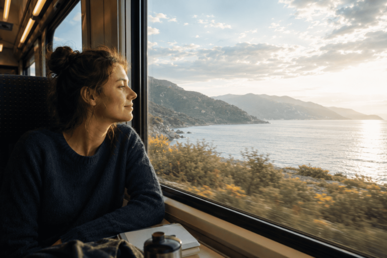 Femme sereine, dans un total lâcher prise intégrant les principes du stoïcisme, en contemplation d'un paysage à travers la vitre d'un train.