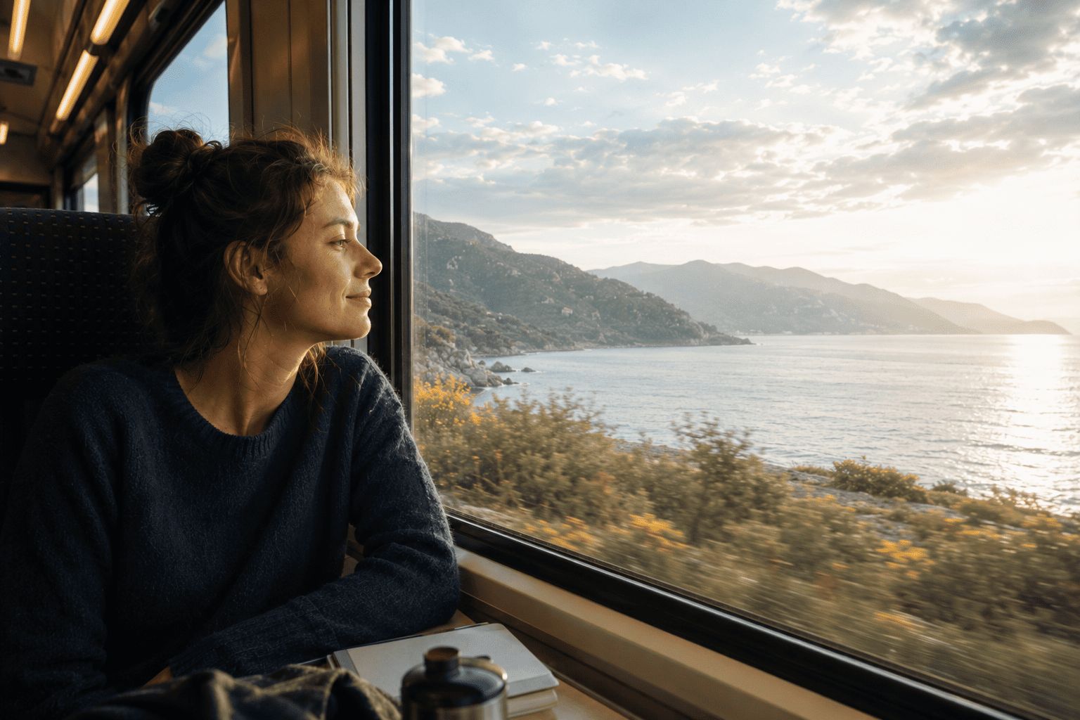 Femme sereine, dans un total lâcher prise intégrant les principes du stoïcisme, en contemplation d'un paysage à travers la vitre d'un train.