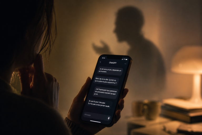 Personne utilisant ChatGPT comme confident sur un smartphone dans une ambiance intime et introspective évoquant l’illusion d’une présence humaine