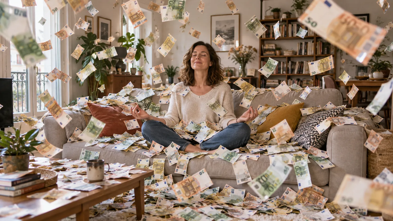 Femme les yeux fermés sur un canapé, entourée d’une pluie de billets grâce à la loi de l'attraction