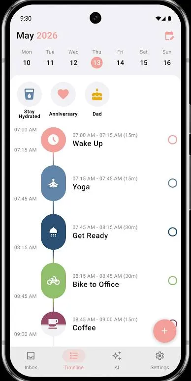 Interface de Structured affichant un planning quotidien avec des tâches organisées en blocs horaires.